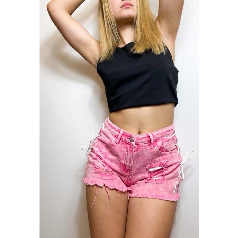 MID WAIST PINK DENIM SHORTS